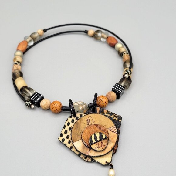 Suzanne Bellows Choker Collar Necklace Fiber Art Pendant Mixed Media Signed - Picture 5 of 7